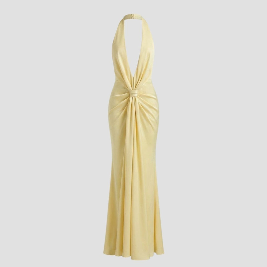 Frühlingshaftes hellgelbes Maxikleid für Damen, elegant & rückenfrei, mit tiefem Glamour-Ausschnitt.