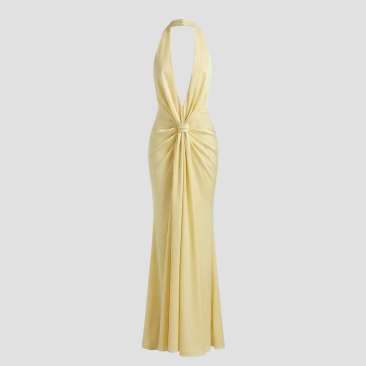 Frühlingshaftes hellgelbes Maxikleid für Damen, elegant & rückenfrei, mit tiefem Glamour-Ausschnitt.