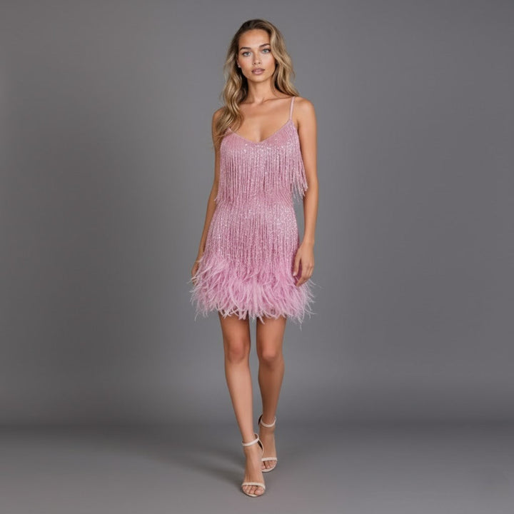 Damen Mini Partykleid in voller Pracht, mit dynamischen Fransen & Federn. Ein Statement-Kleid für Events.