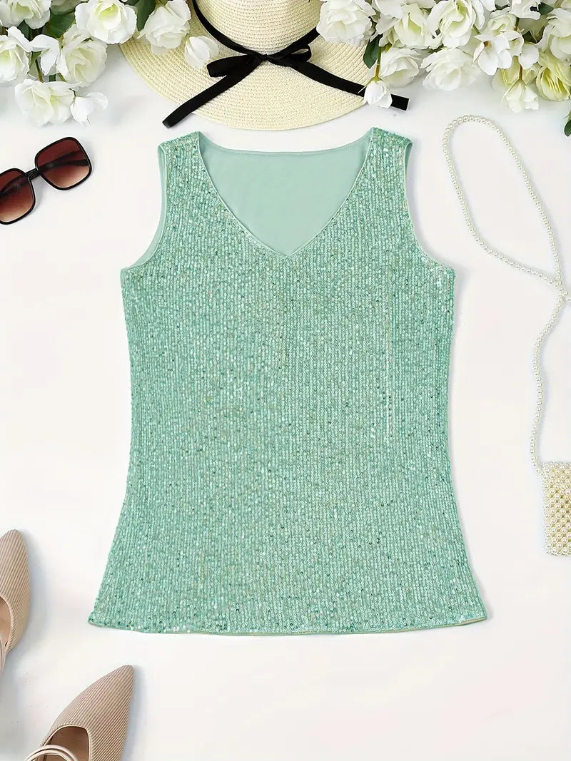 Modisches Damen Sommertop mit Pailletten und tiefem V-Ausschnitt. Ein glamouröses Oberteil für den Sommer.