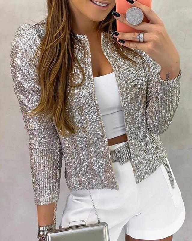 Elegante, offene Glitzer-Winterjacke für Damen. Eine warme und stilvolle Jacke für besondere Anlässe & den Winter.