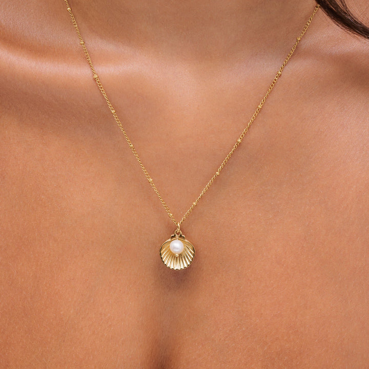 Elegantes Schmuckstück Kette mit Muschel und Perle in Nahaufnahme
