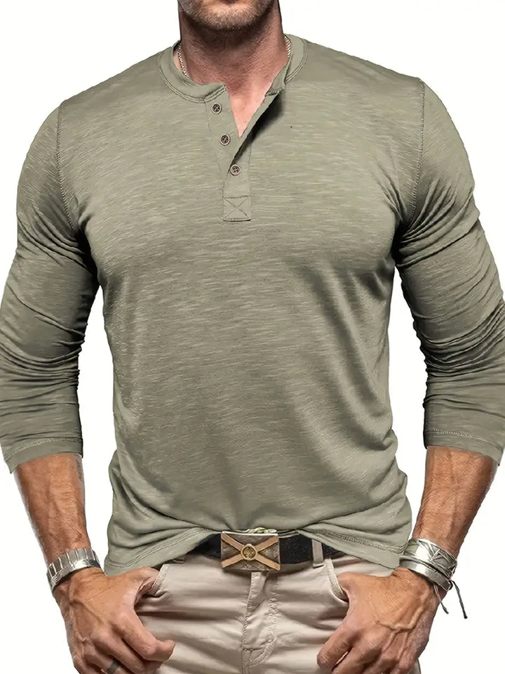 Grünes Herren Henley Langarmshirt mit Knopfleiste, klassisches Basic Oberteil für Freizeit & Alltag.