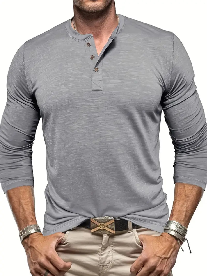 Elegantes Marineblaues Herren Henley Langarmshirt, stilvolles Basic Oberteil für Freizeitmode.