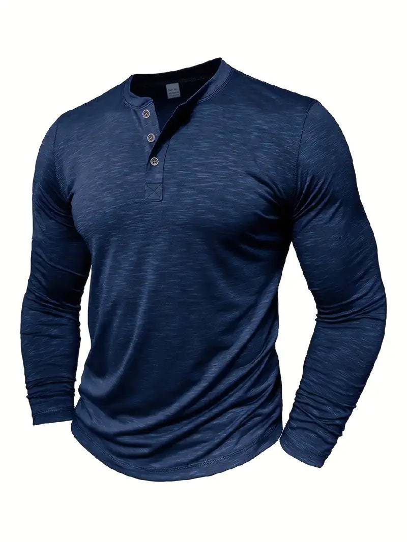 Hellgraues Herren Henley Langarmshirt, vielseitiges Langarm T-Shirt mit Knopfleiste für Männer.