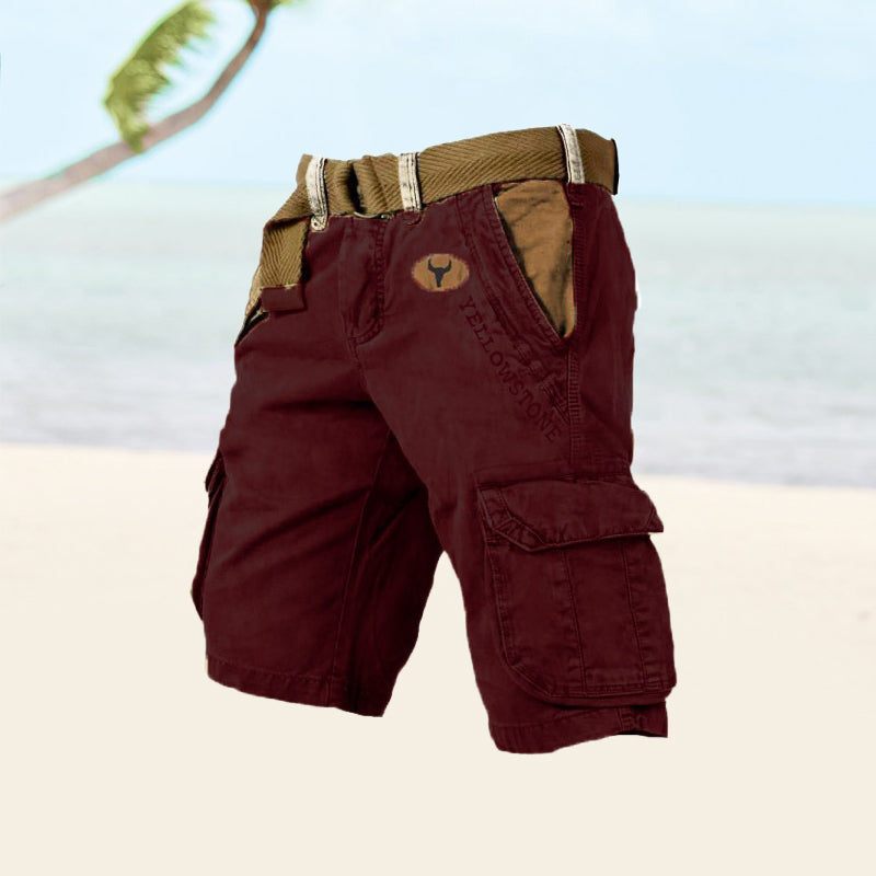 Graue Cargo-Shorts für Herren, seitliche Ansicht, langlebiges Baumwollmaterial, sechs Taschen, ideal für Sommeraktivitäten.