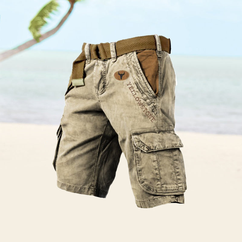 Graue Cargo-Shorts für Herren, seitliche Ansicht, langlebiges Baumwollmaterial, sechs Taschen, ideal für Sommeraktivitäten.