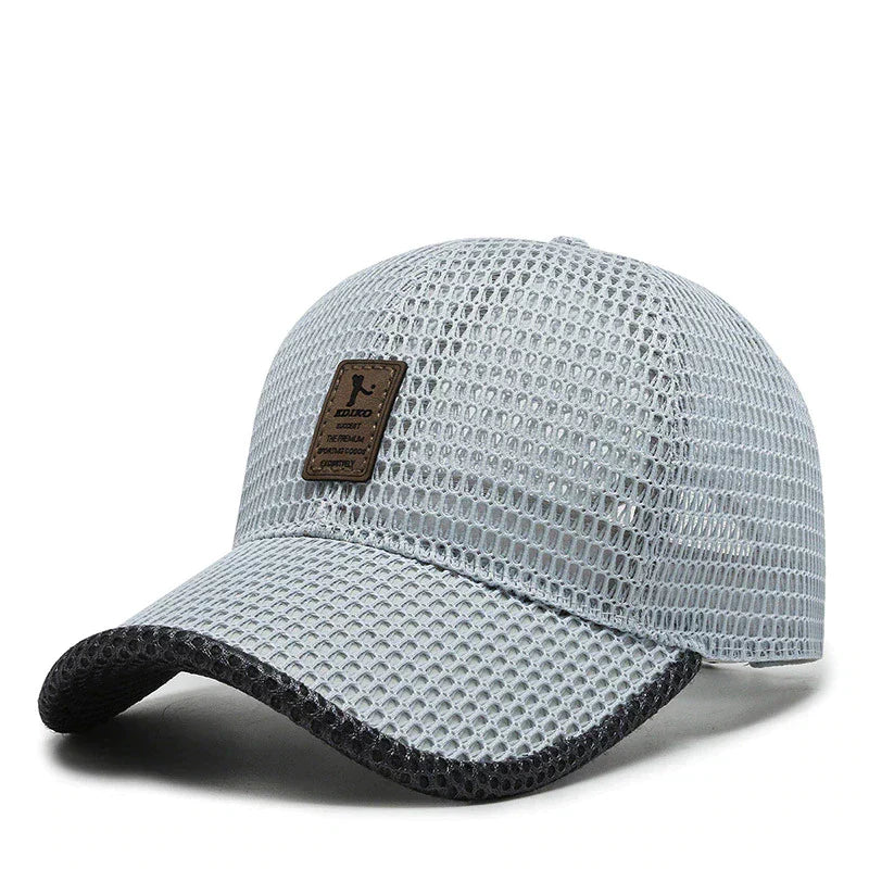 Graue Mesh-Baseballkappe mit schwarzem Rand, atmungsaktiv, sportlich, Unisex-Design.