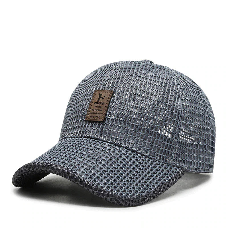 Graue Netz-Baseballkappe aus Mesh mit Lederetikett, atmungsaktiv, sportlich, Unisex.