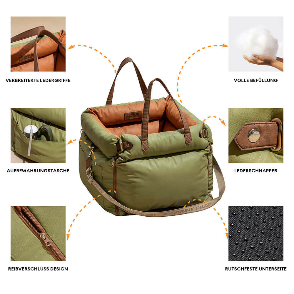 "Großer, stilvoller Deluxe-Hundesitz aus Kunstleder fürs Auto mit dicker Polsterung und erweiterbarem Liegebereich"