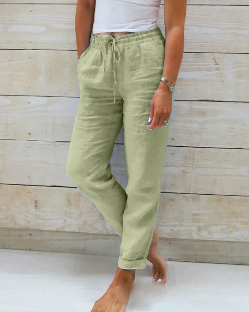 Grüne Damen-Leinenhose, leichte Sommerhose mit lockerer Passform, ideal für warme Tage, sorgt für Komfort und Stil.