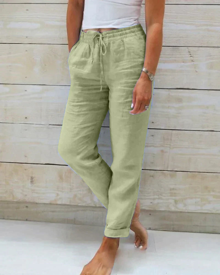 Grüne Damen-Leinenhose, leichte Sommerhose mit lockerer Passform, ideal für warme Tage, sorgt für Komfort und Stil.