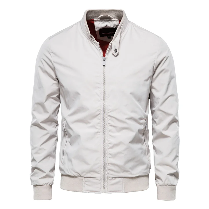 Weiße Herren-Bomberjacke, Reißverschluss, Stehkragen, modisch, lässig, Baumwolle.