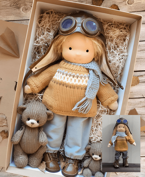 Handgemachte Waldorf-Puppe mit Fliegerbrille, gestricktem Pullover, Stoffhose, Stoffbär, Geschenkbox.