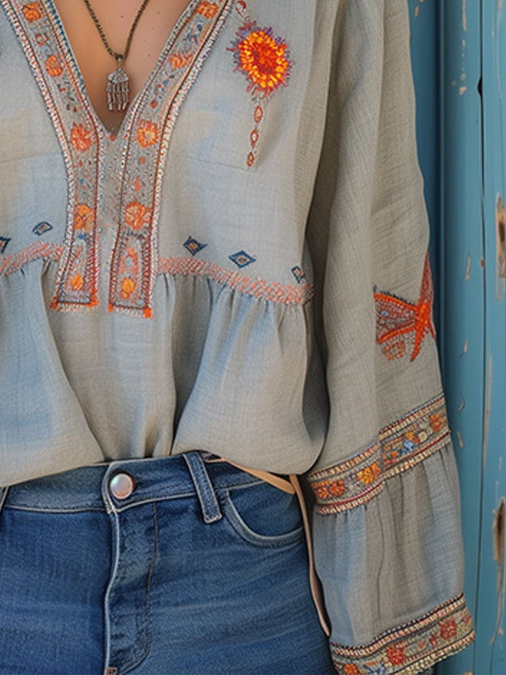 Textur der hellblauen Hanna Damen Boho Bluse mit V-Ausschnitt. Leichte Sommerbluse mit Stickerei für Damenmode.