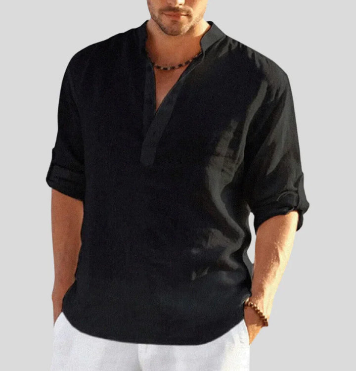 "Hellblaues Leinenhemd für Herren, leicht, atmungsaktiv, klassisches Design mit Kragen, ideal für Sommer und Büro"