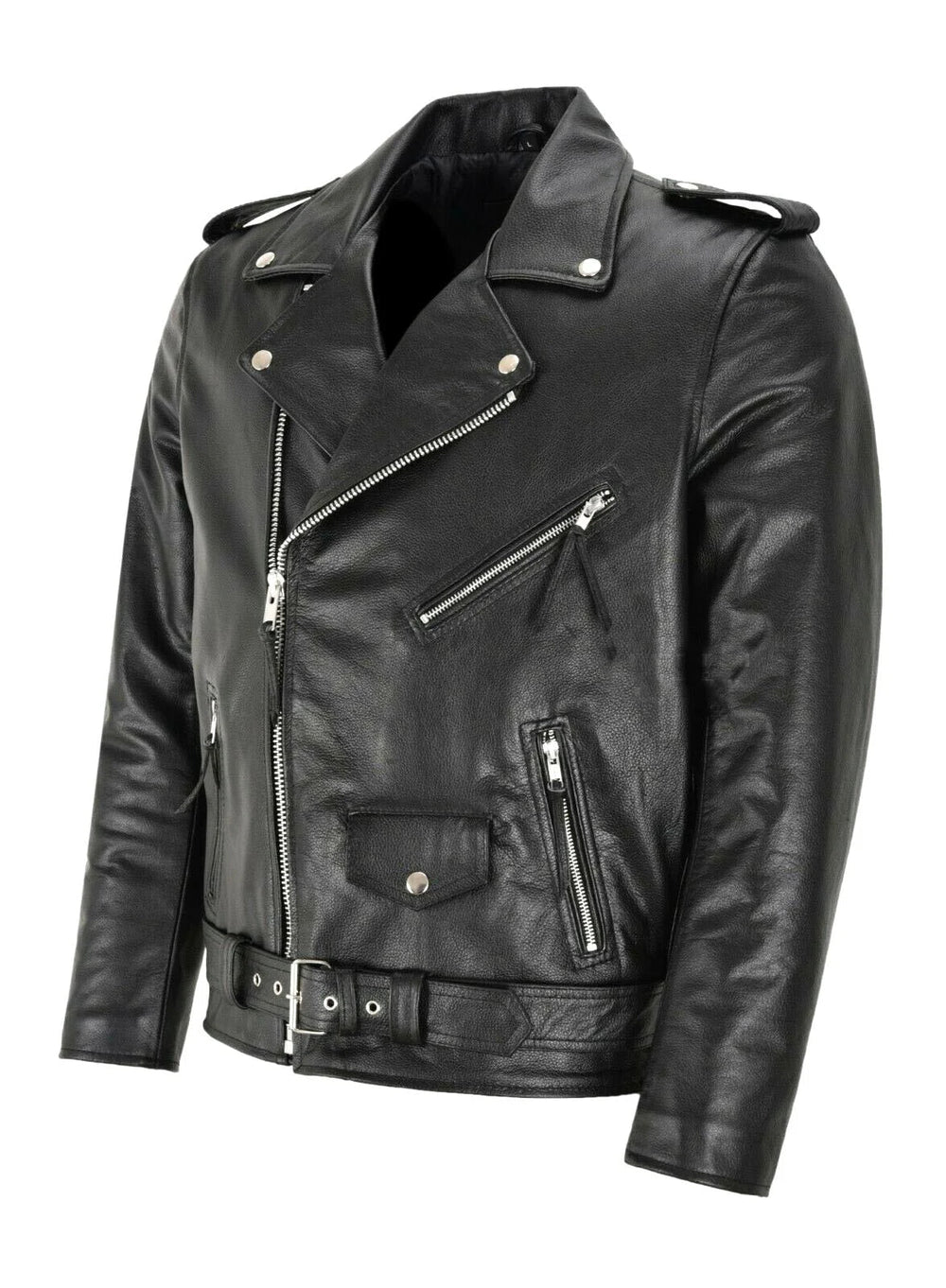 Nahaufnahme der schwarzen Austin Herren Bikerjacke mit Taillengürtel und Reißverschlüssen, warm & modisch.