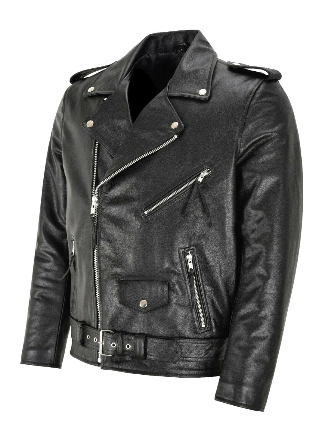 Nahaufnahme der schwarzen Austin Herren Bikerjacke mit Taillengürtel und Reißverschlüssen, warm & modisch.