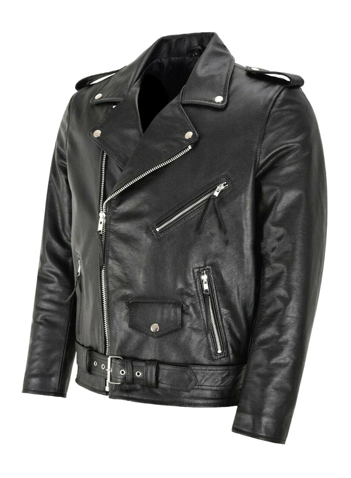 Nahaufnahme der schwarzen Austin Herren Bikerjacke mit Taillengürtel und Reißverschlüssen, warm & modisch.