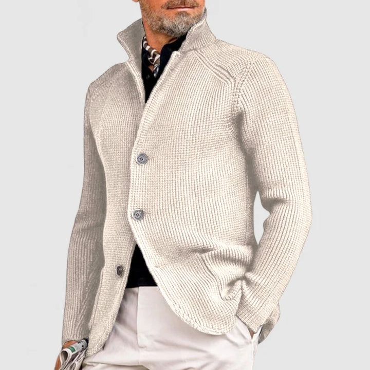 Wärmender Herren-Cardigan, ideal für Herbst. Stehkragen und Knopfleiste sorgen für Komfort. Modische Strickjacke Langarm.