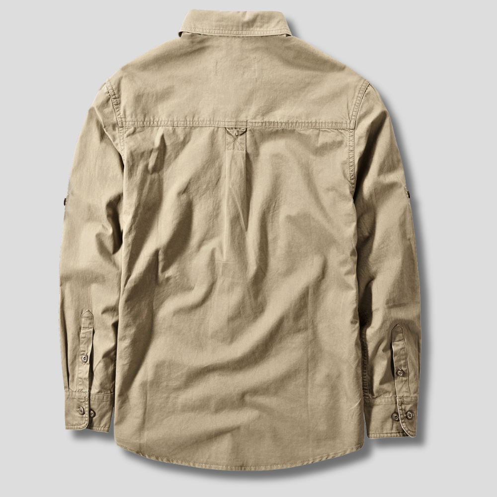 Khaki Herren Langarm Freizeithemd mit Cargo-Stil, ideal für Business Casual & Alltagsmode. Stilvoll & bequem.