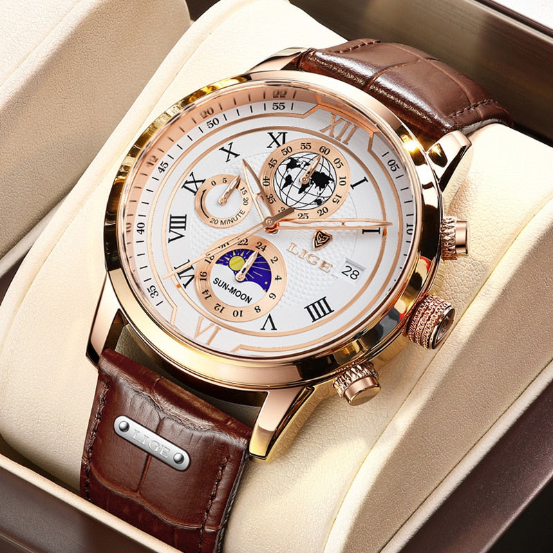 Herren Chronograph Armbanduhr mit Lederarmband, elegantes Design, präzises Chronographenwerk, ideal für stilbewusste Männer.