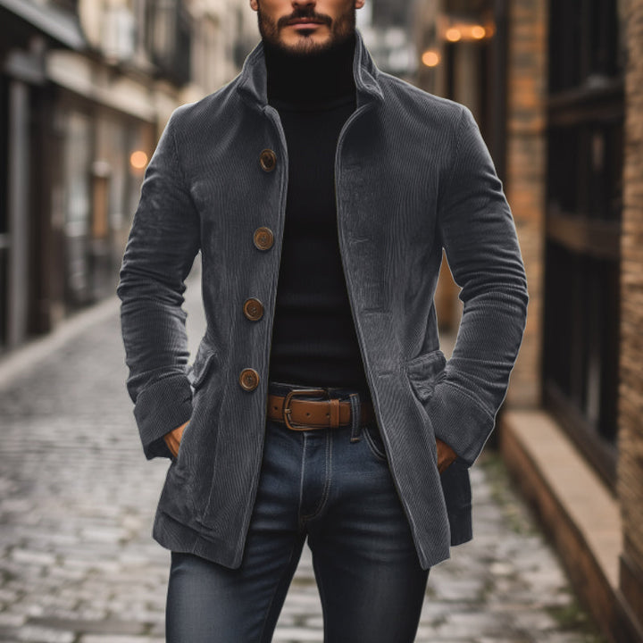 Slimfit Herren Cordjacke, elegant & modisch. Schicke Freizeitjacke mit Stehkragen, Knopftaschen für den Herbst.