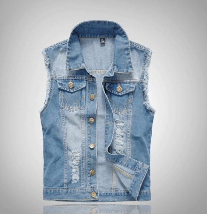 "Herren Denim Weste im Vintage Look mit silbernen Knöpfen, modisch und bequem für vielseitige Kombinationen."