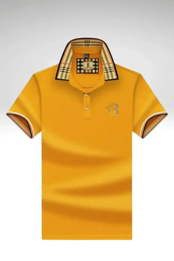 Detailaufnahme des Kragens eines eleganten Herren Polohemds mit feiner Knopfleiste.