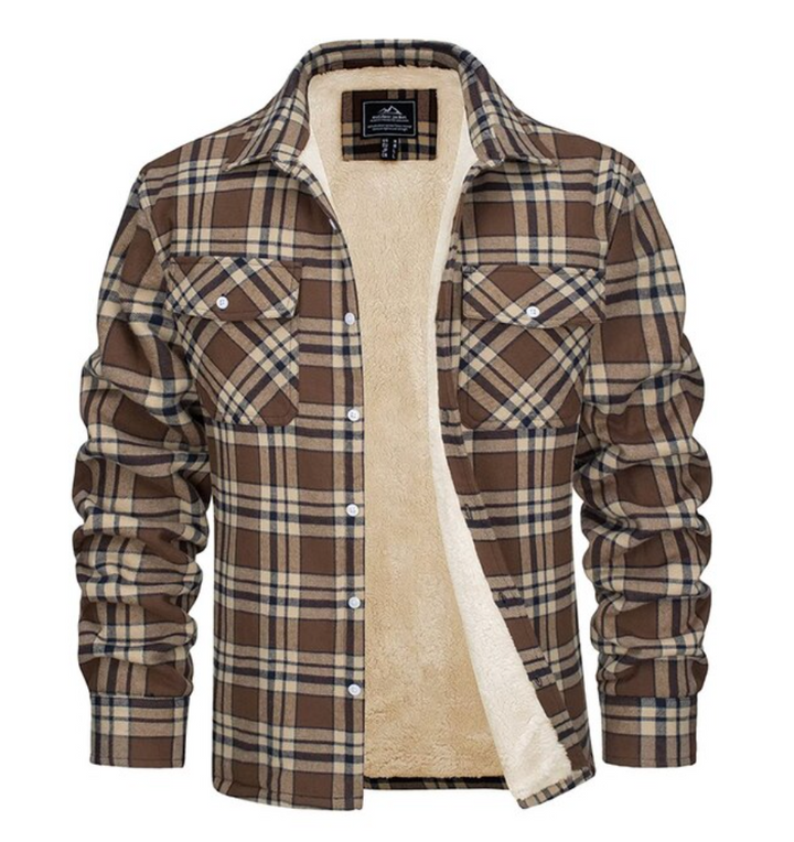 Nahaufnahme der weichen Flanelltextur. Kuschelige Herrenjacke, wärmend & angenehm für Winter.