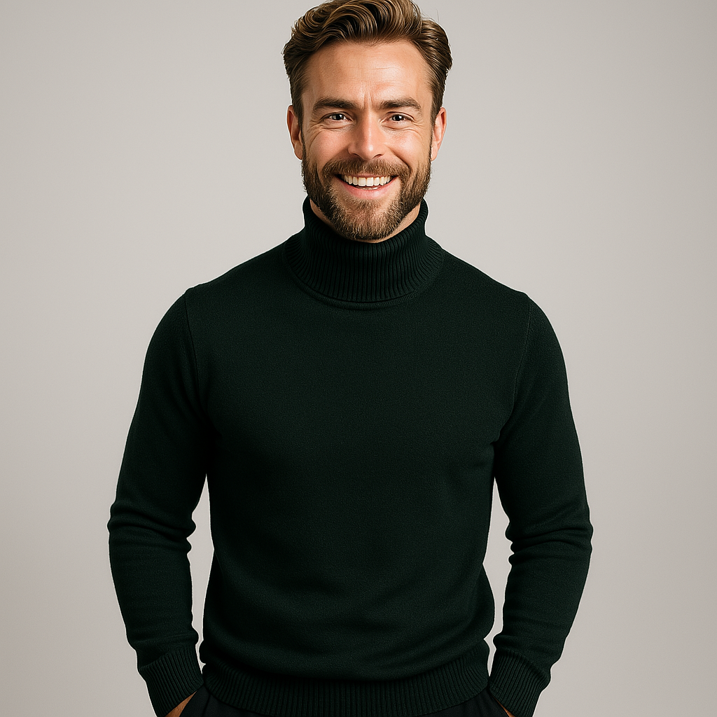 Stilvoller Herren Rollkragenpullover mit hohem Kragen. Extra Wärme und Eleganz, ideal für kühle Frühlingstage.