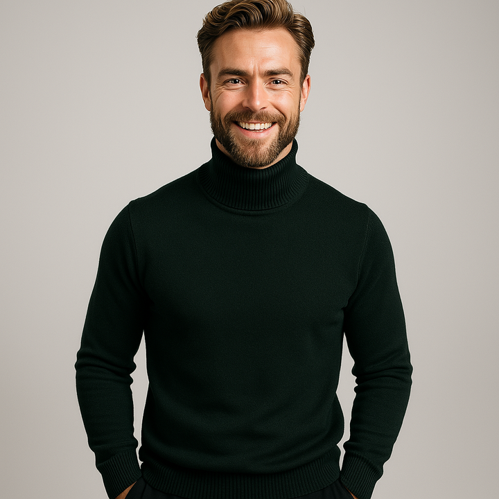 Stilvoller Herren Rollkragenpullover mit hohem Kragen. Extra Wärme und Eleganz, ideal für kühle Frühlingstage.