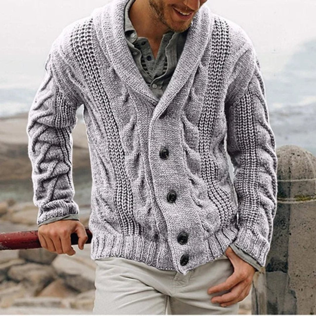 Elegante Herren-Strickjacke mit Schalkragen, Knopfleiste. Stilvolle und bequeme Casual-Oberbekleidung.