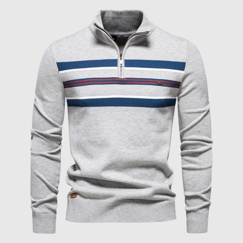 Eleganter Herren Halb-Zip Strickpullover gestreift, ideal für Herbst- & Wintermode. Bequemes Oberteil.