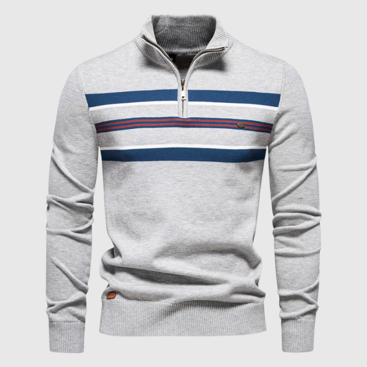 Eleganter Herren Halb-Zip Strickpullover gestreift, ideal für Herbst- & Wintermode. Bequemes Oberteil.