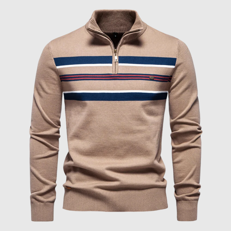 Modischer Herren Halb-Zip Strickpullover, gestreift. Perfekt für Freizeit & elegante Lagenlooks.