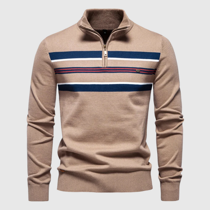 Modischer Herren Halb-Zip Strickpullover, gestreift. Perfekt für Freizeit & elegante Lagenlooks.