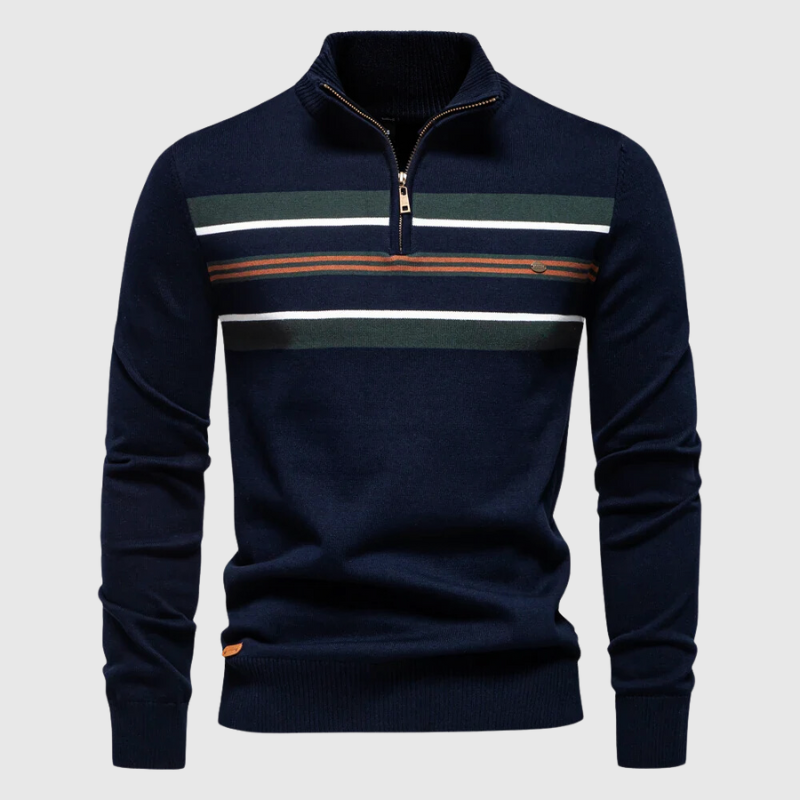Bequemer Herren Winterpullover, gestreift, mit Reißverschluss. Gemütliches Oberteil für Herbstmode.