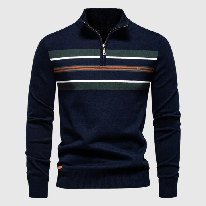 Bequemer Herren Winterpullover, gestreift, mit Reißverschluss. Gemütliches Oberteil für Herbstmode.