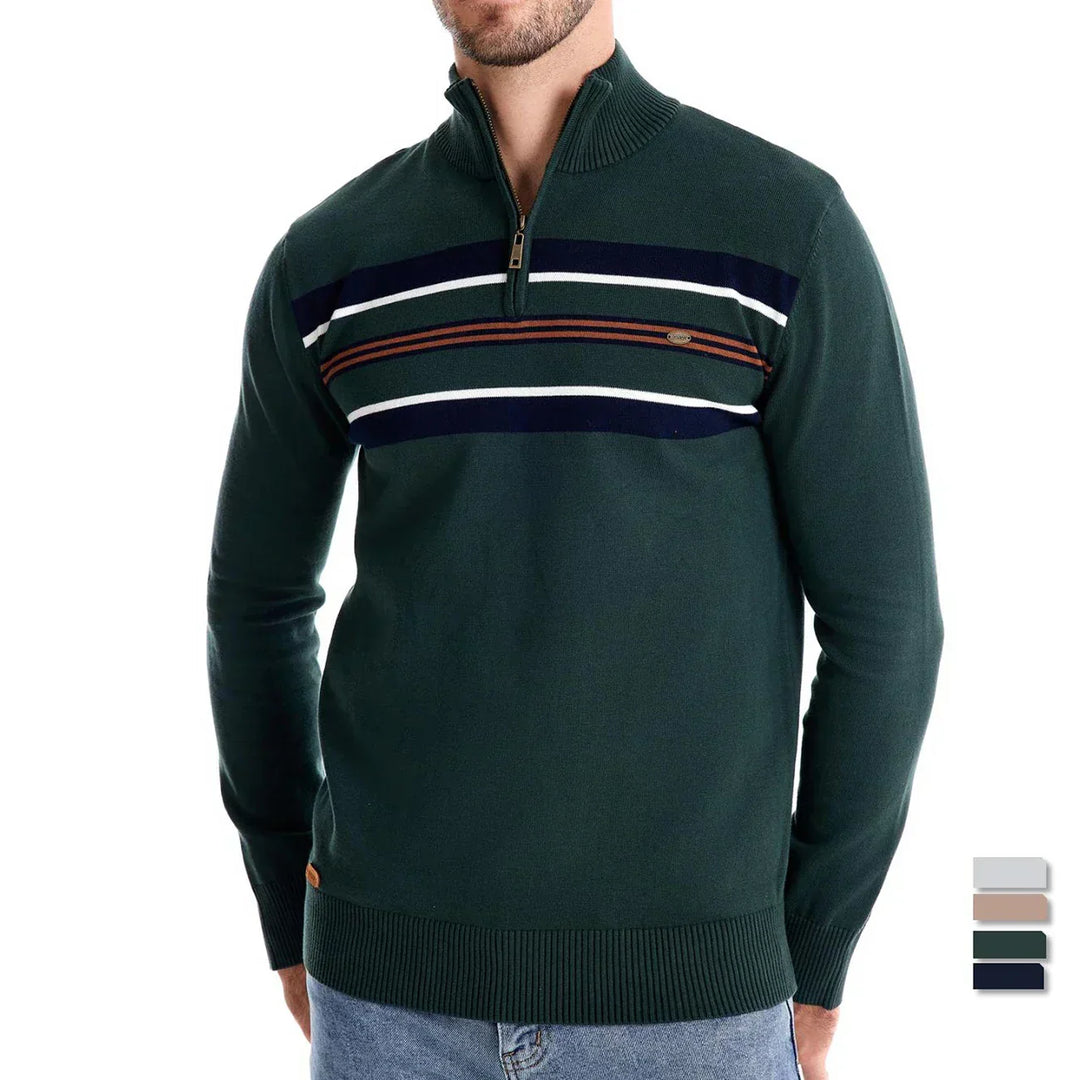 Gestreifter Herren Strickpullover mit Halb-Zip. Vielseitiges Oberteil für stilvolle Herbst- & Winteroutfits.