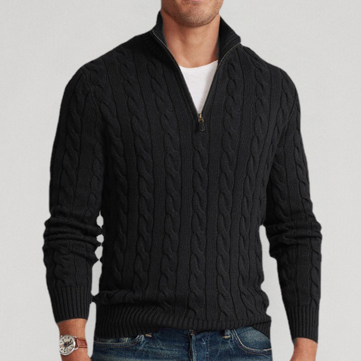Herren Halb-Zip Strickpullover mit elegantem Zopfmuster. Modern & komfortabel für Büro & Freizeit.