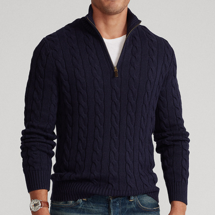 Stylischer Herren Halb-Zip Pullover mit feinem Zopfmuster. Perfekte Frühlingsmode für elegante Herren.
