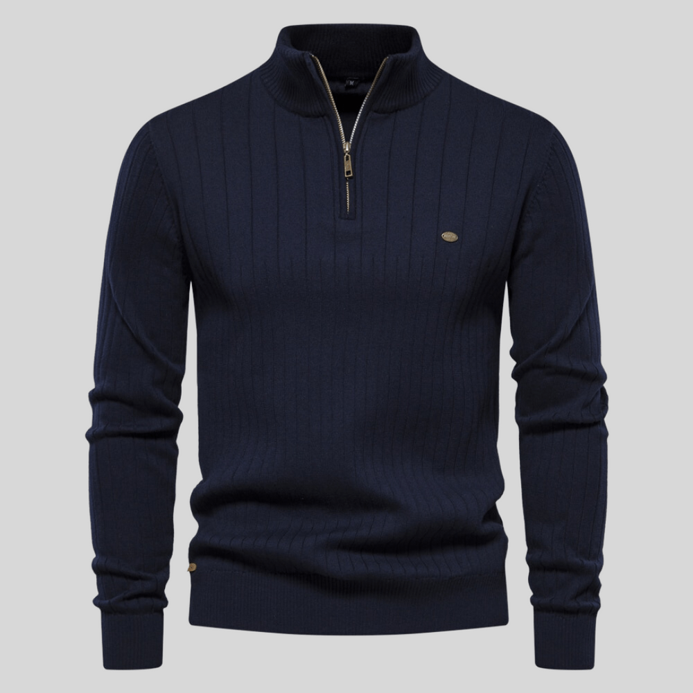 Herren Halbzip Strickpullover Malte mit Rippstruktur, ideal für Frühling & Übergangszeit.
