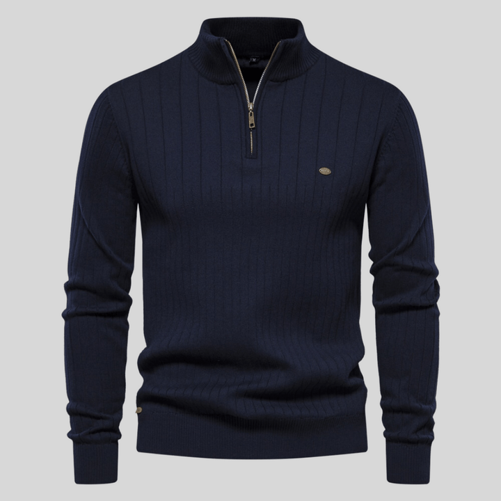 Herren Halbzip Strickpullover Malte mit Rippstruktur, ideal für Frühling & Übergangszeit.
