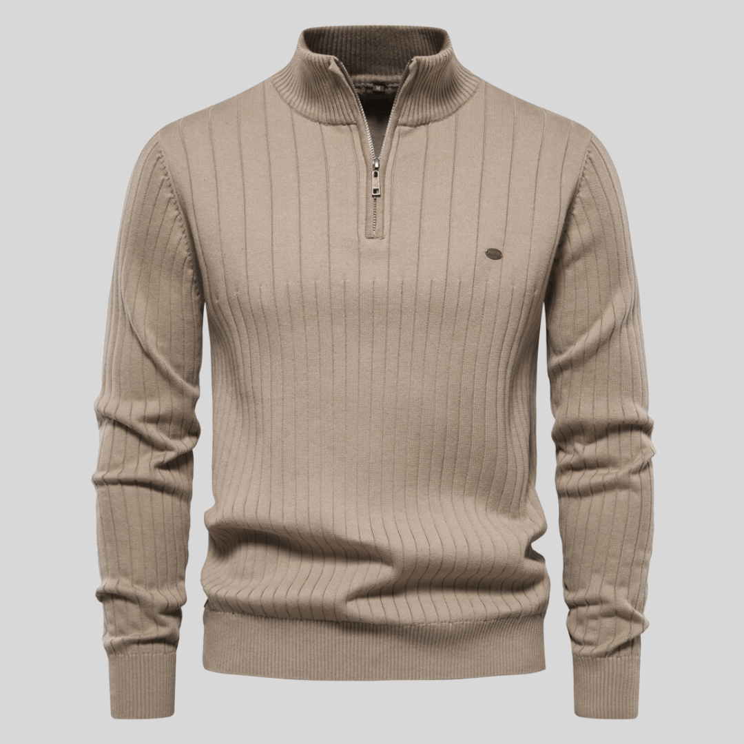 Casual-eleganter Frühlings-Pullover Malte für Herren mit Halbzip & Rippstruktur, in Grau.