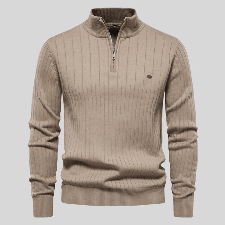 Casual-eleganter Frühlings-Pullover Malte für Herren mit Halbzip & Rippstruktur, in Grau.