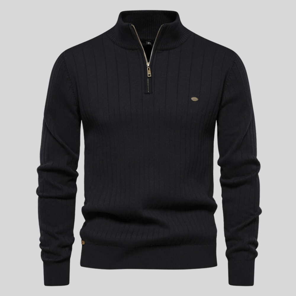 Brauner Herren Halbzip Strickpullover Malte mit Rippstruktur, ideal für Übergangszeit.