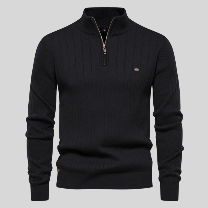 Brauner Herren Halbzip Strickpullover Malte mit Rippstruktur, ideal für Übergangszeit.