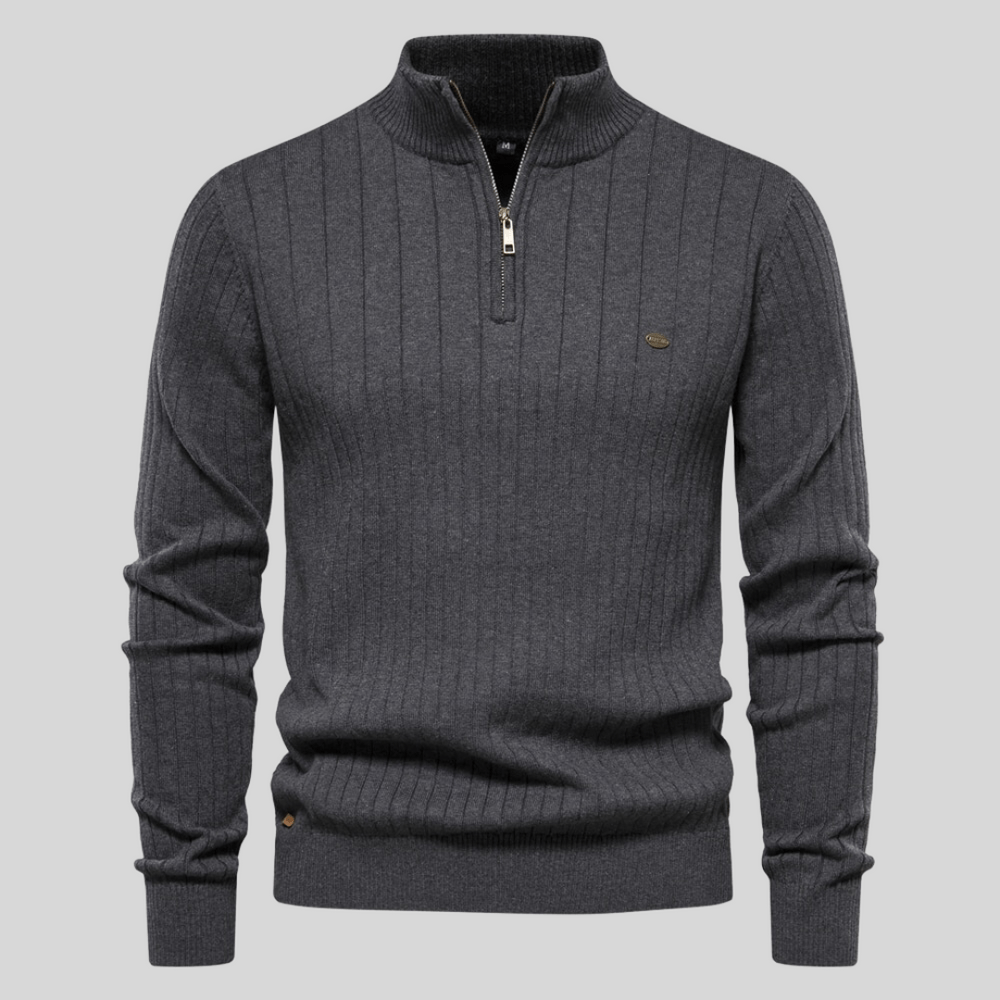 Schwarzer Herren Halbzip Strickpullover Malte mit Rippstruktur, vielseitig kombinierbar.