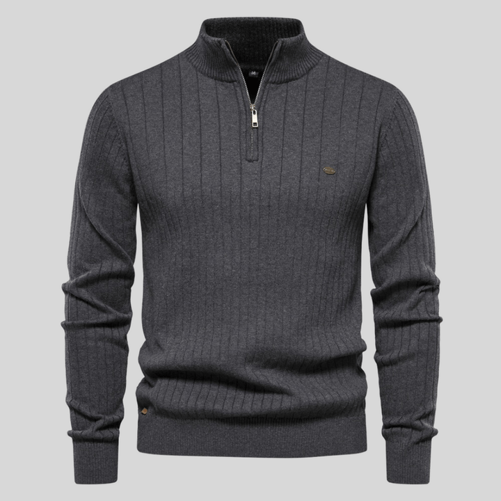 Schwarzer Herren Halbzip Strickpullover Malte mit Rippstruktur, vielseitig kombinierbar.